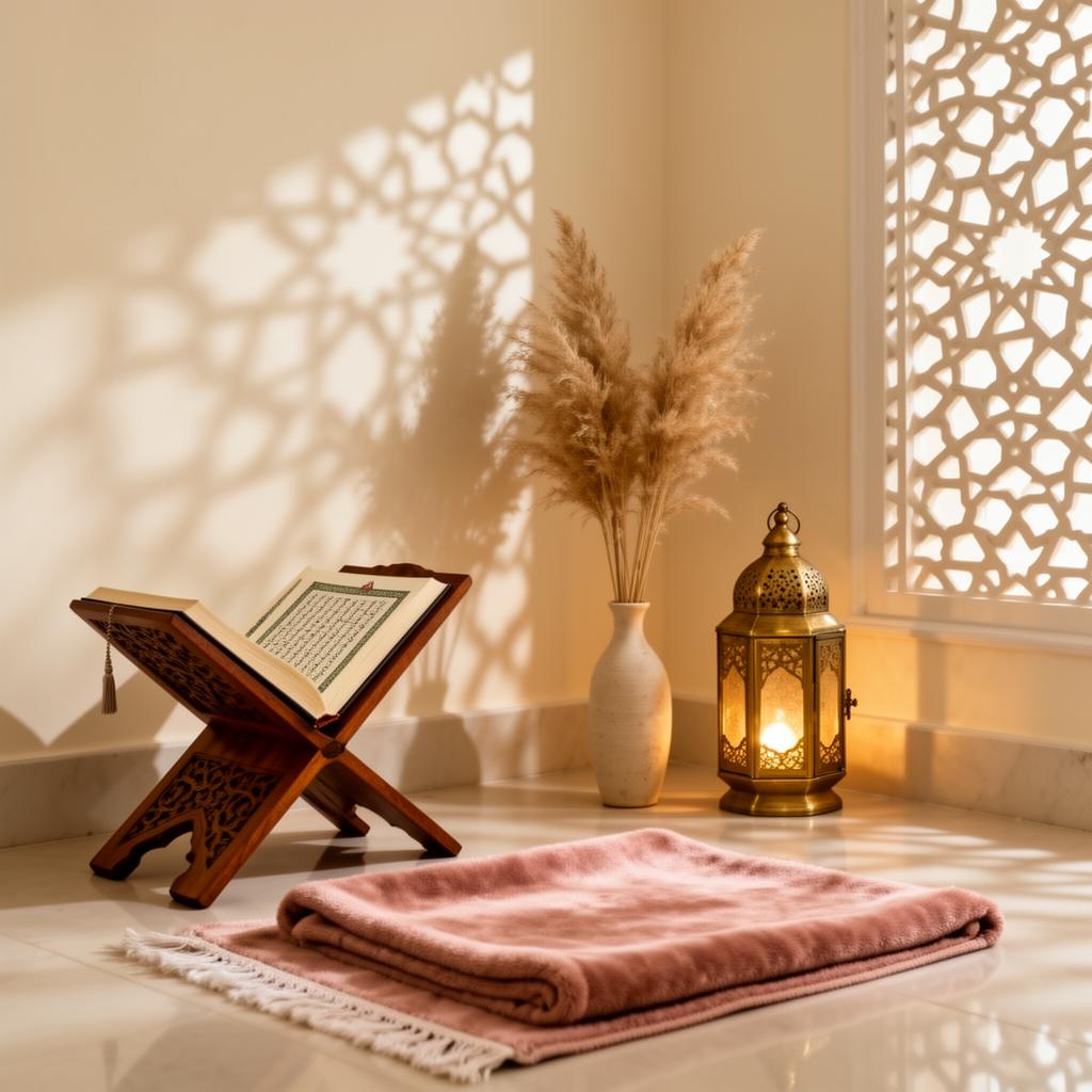 A serene Muslim prayer corner with a Quran stand, prayer rug and lantern