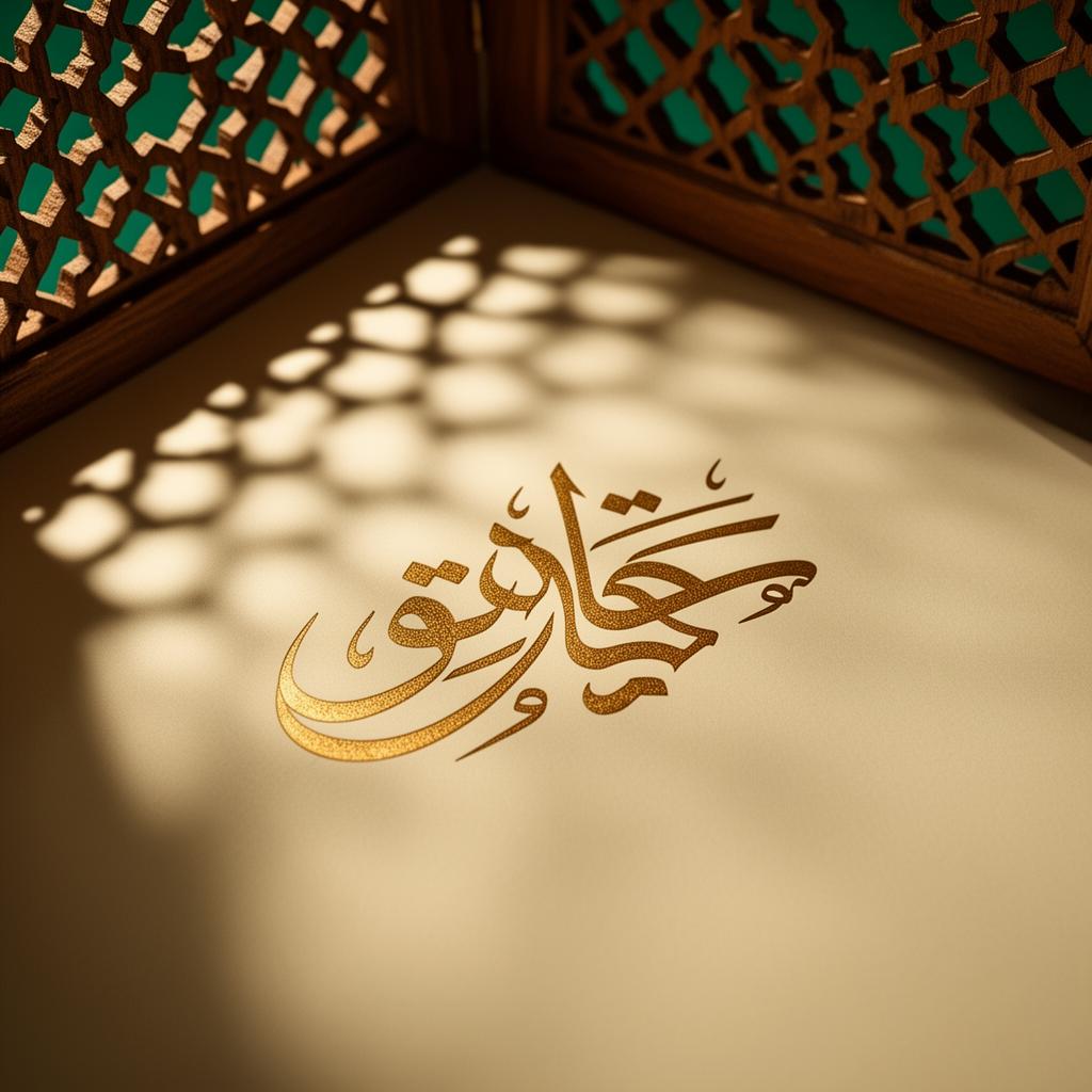 Warm gold calligraphy lit by mashrabiya light